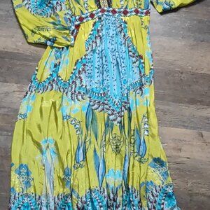 Bhanuni Maxi Dress Vibrant Blue & Green + Front Applique Size 10